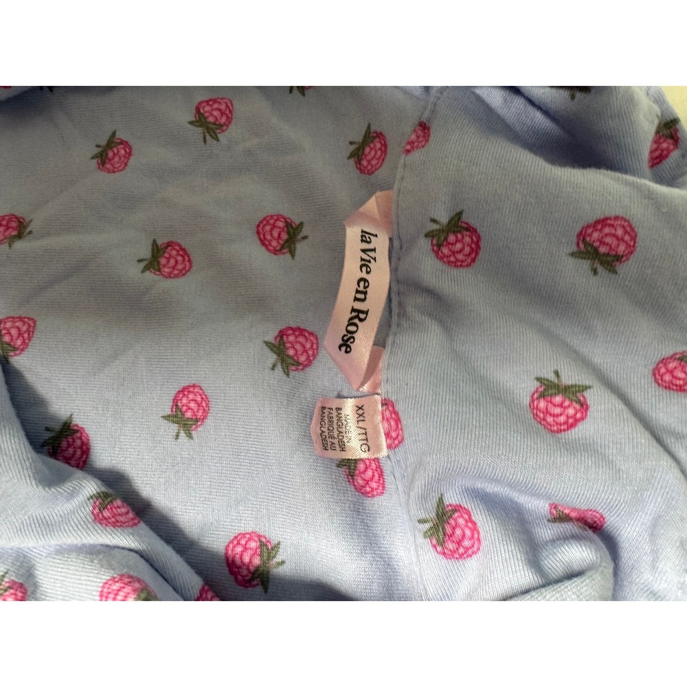 La Vie en Rose Pajama Set XXL Blue Pink Raspberry Print Button Down Shorts 2pc - Picture 5 of 7